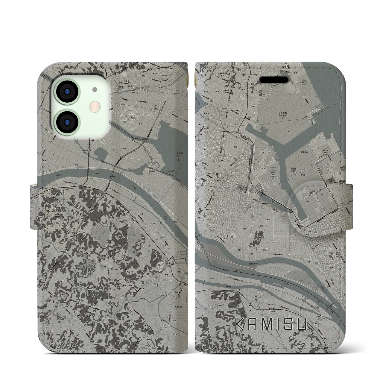 【神栖(茨城県)】地図柄iPhoneケース(手帳タイプ)モノトーン・iPhone 12 mini 用