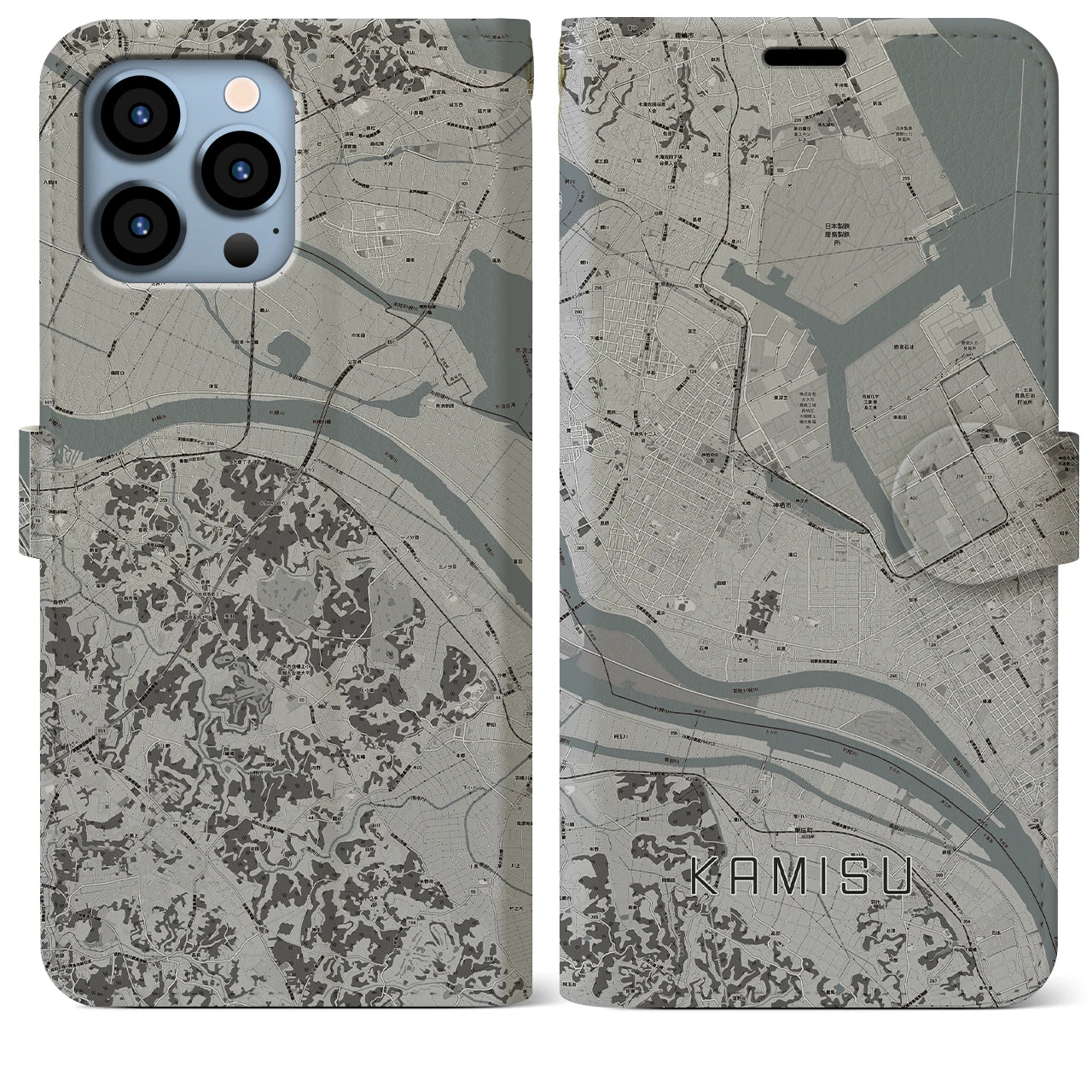 【神栖(茨城県)】地図柄iPhoneケース(手帳タイプ)モノトーン・iPhone 13 Pro Max 用