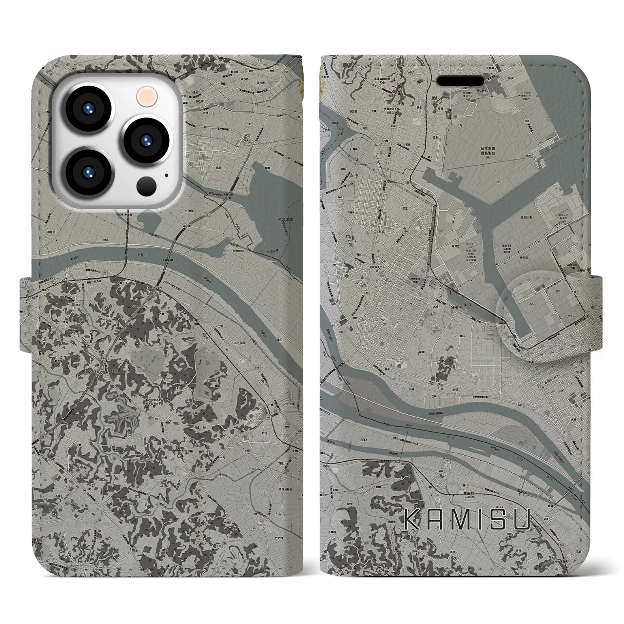 【神栖(茨城県)】地図柄iPhoneケース(手帳タイプ)モノトーン・iPhone 13 Pro 用