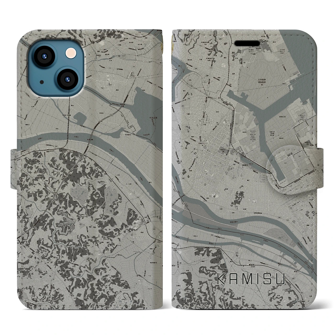 【神栖(茨城県)】地図柄iPhoneケース(手帳タイプ)モノトーン・iPhone 13 用