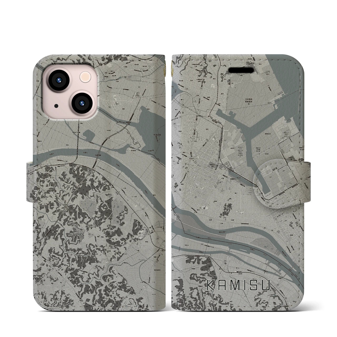 【神栖(茨城県)】地図柄iPhoneケース(手帳タイプ)モノトーン・iPhone 13 mini 用