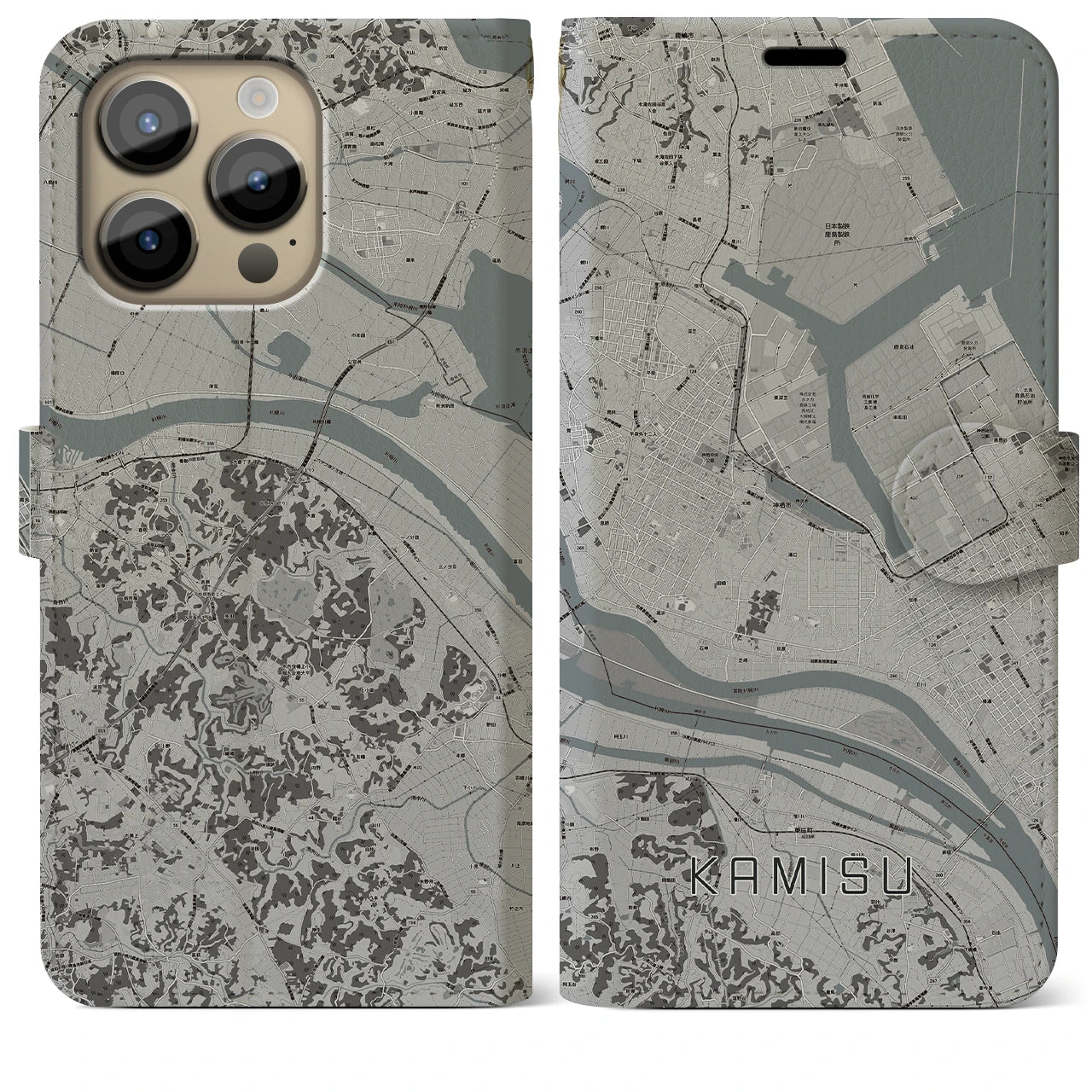 【神栖(茨城県)】地図柄iPhoneケース(手帳タイプ)モノトーン・iPhone 14 Pro Max 用
