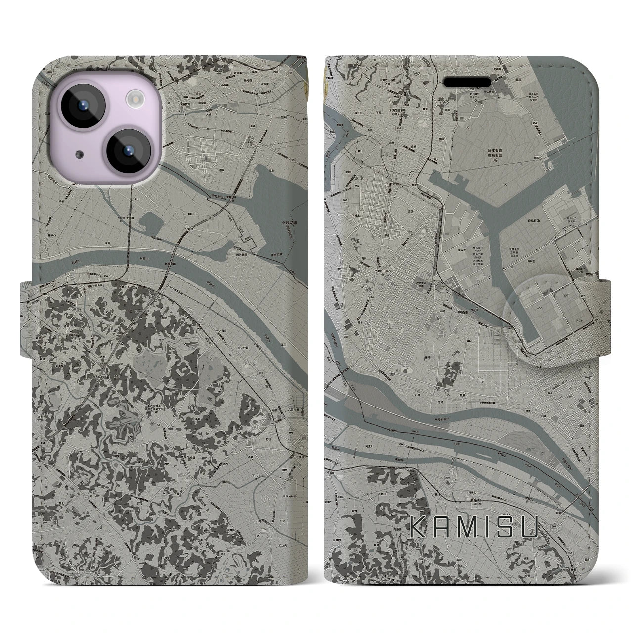 【神栖(茨城県)】地図柄iPhoneケース(手帳タイプ)モノトーン・iPhone 14 用