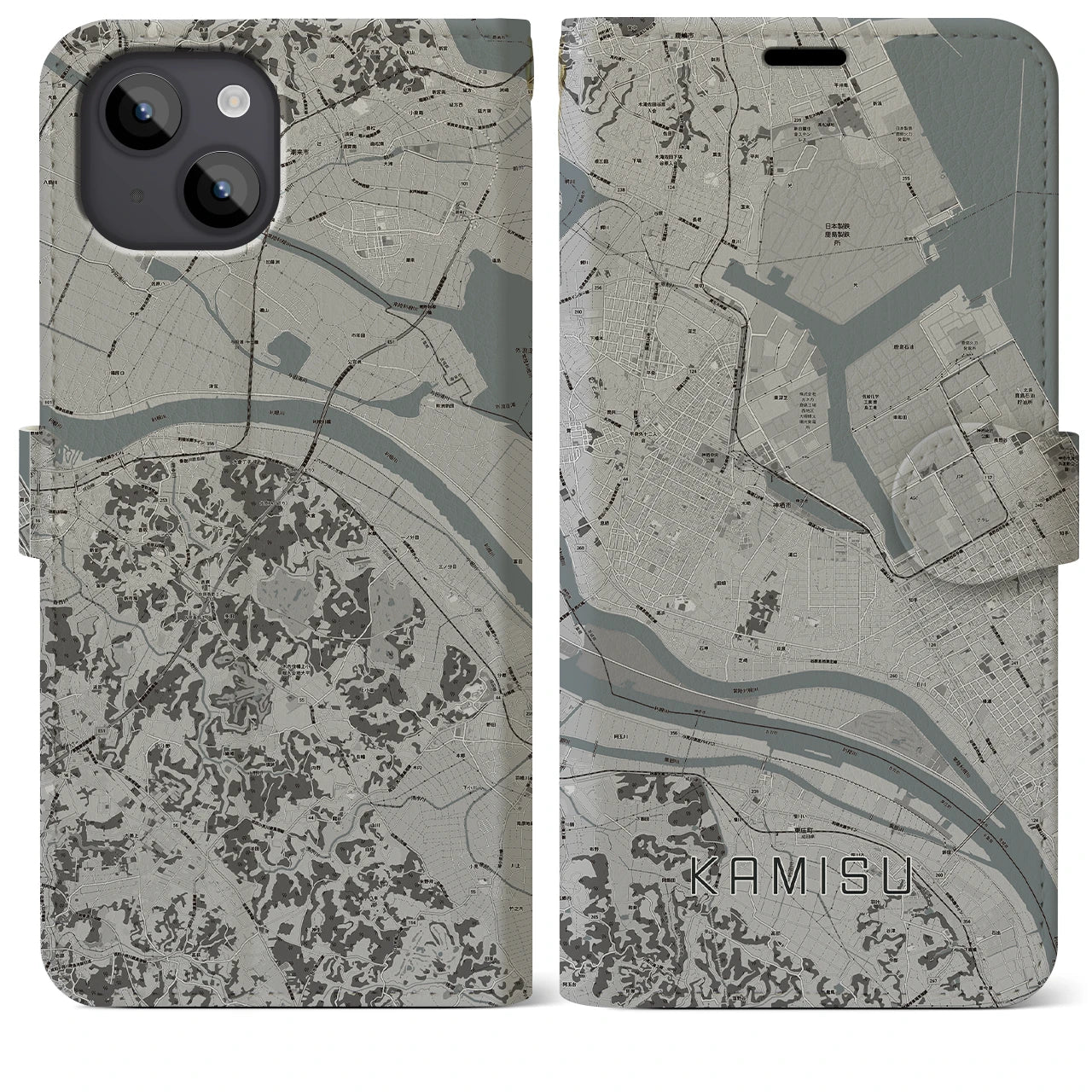 【神栖(茨城県)】地図柄iPhoneケース(手帳タイプ)モノトーン・iPhone 14 Plus 用