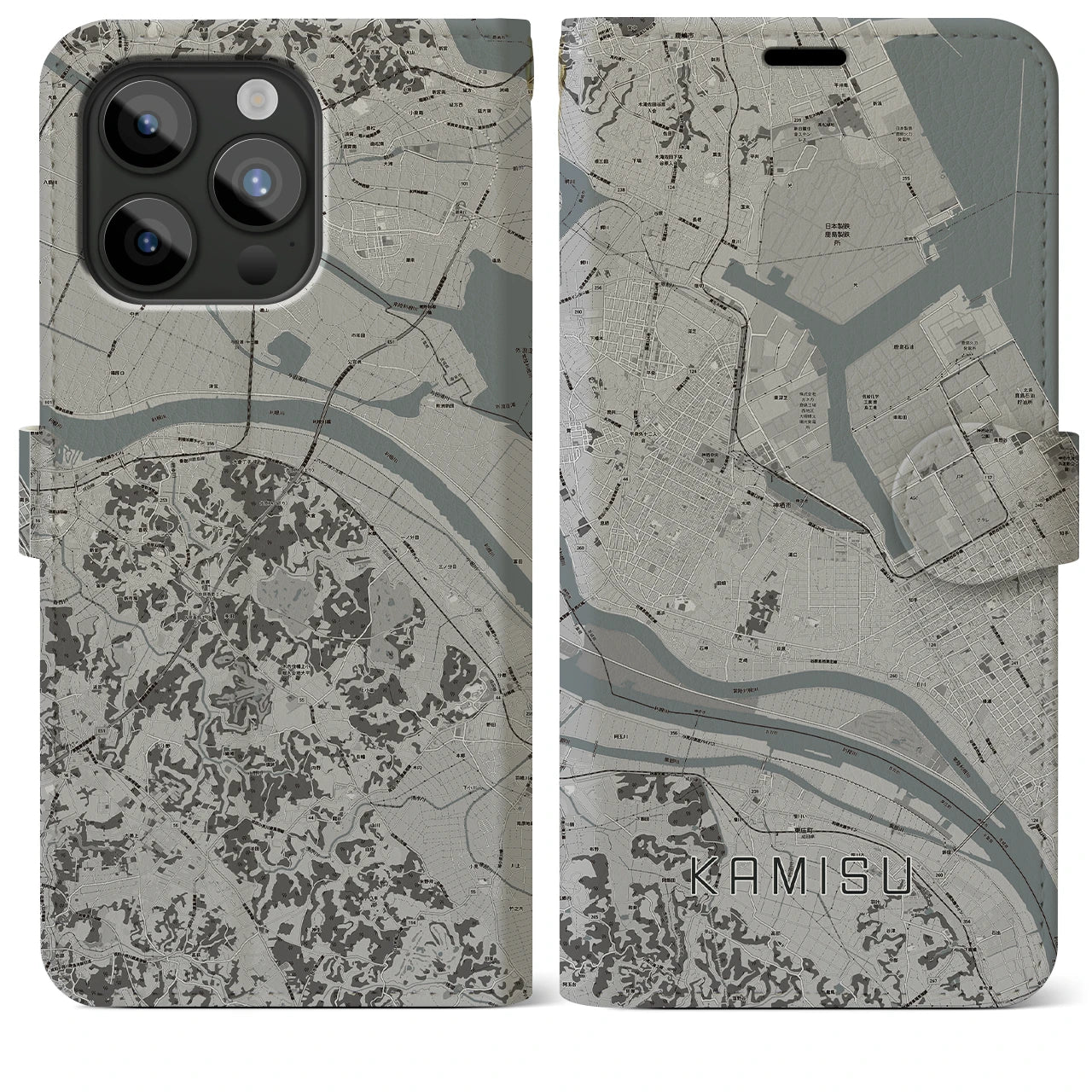 【神栖(茨城県)】地図柄iPhoneケース(手帳タイプ)モノトーン・iPhone 15 Pro Max 用