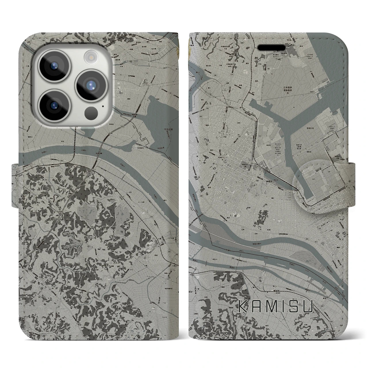 【神栖(茨城県)】地図柄iPhoneケース(手帳タイプ)モノトーン・iPhone 15 Pro 用