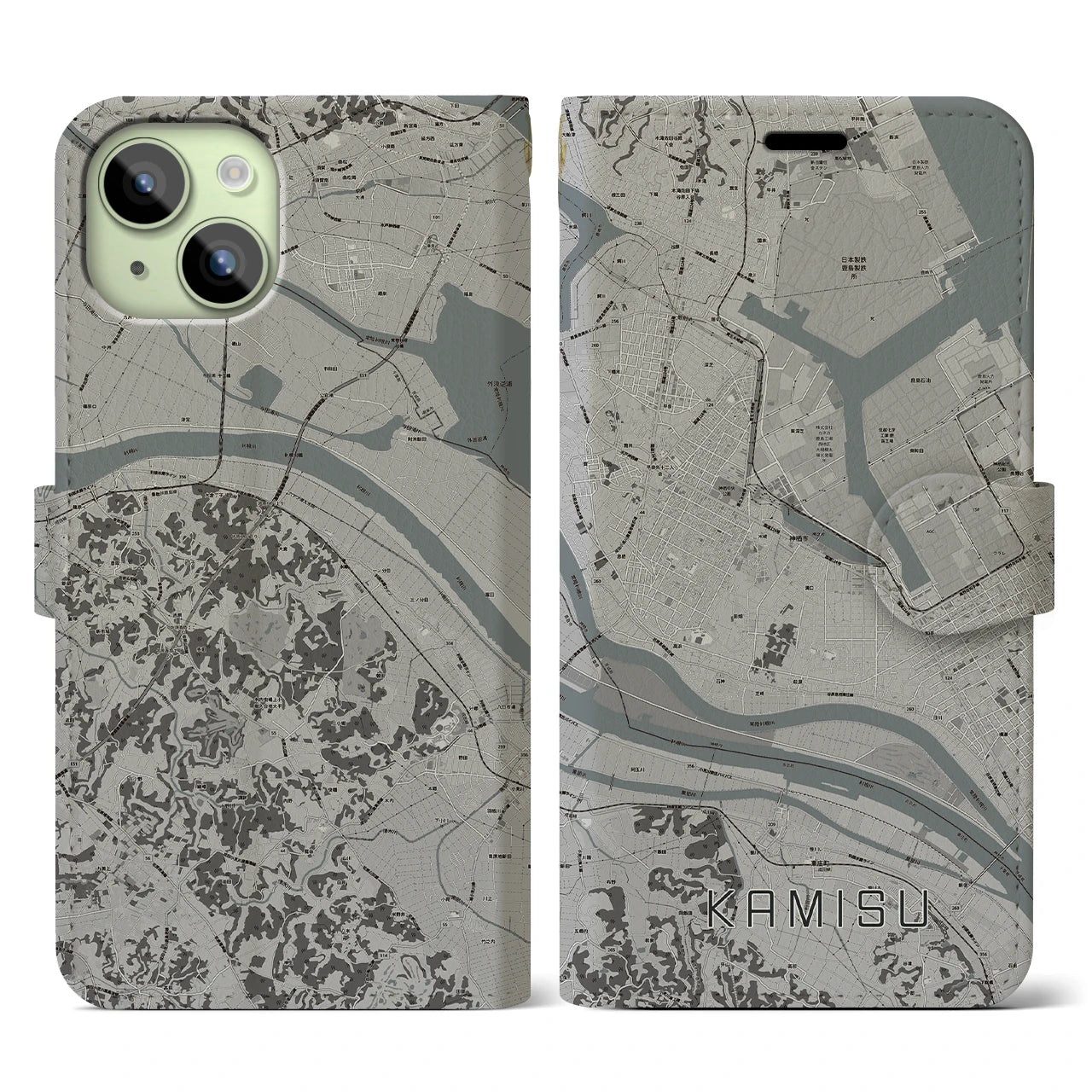 【神栖(茨城県)】地図柄iPhoneケース(手帳タイプ)モノトーン・iPhone 15 用