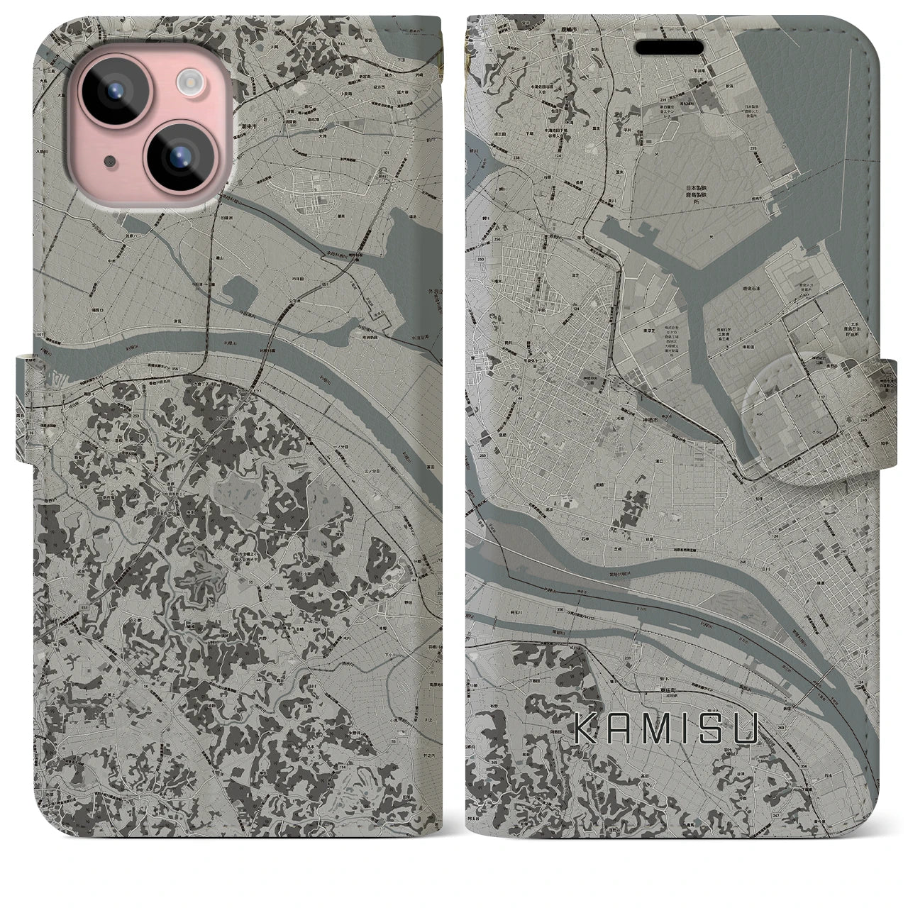 【神栖(茨城県)】地図柄iPhoneケース(手帳タイプ)モノトーン・iPhone 15 Plus 用