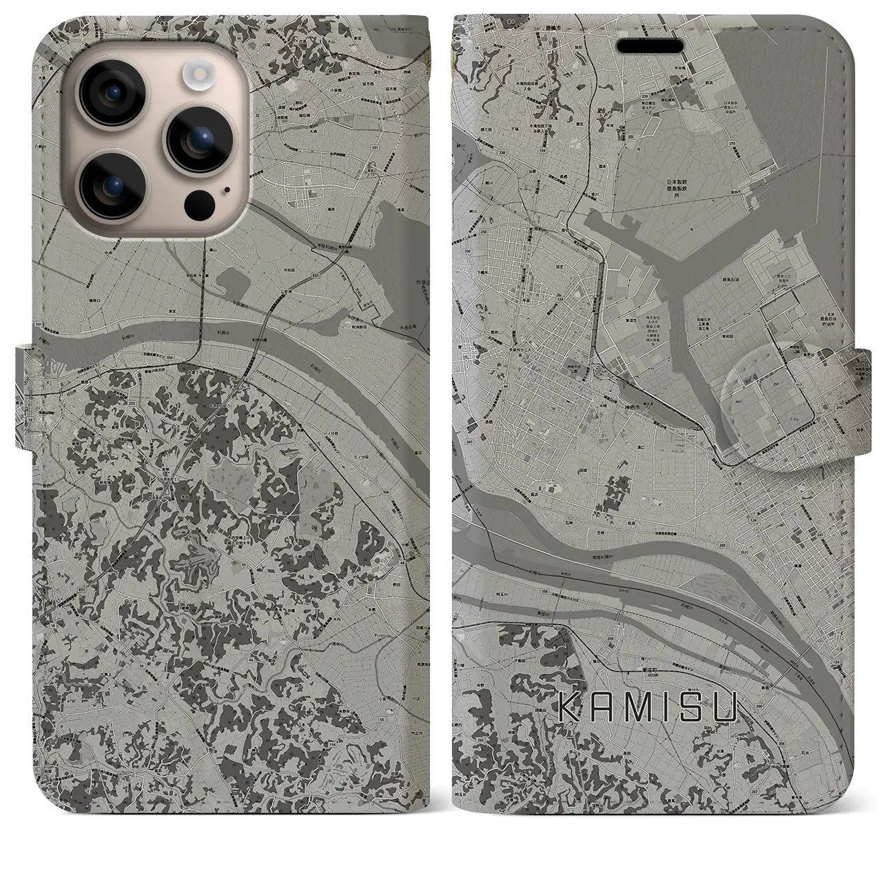 【神栖(茨城県)】地図柄iPhoneケース(手帳タイプ)モノトーン・iPhone 16 Plus 用