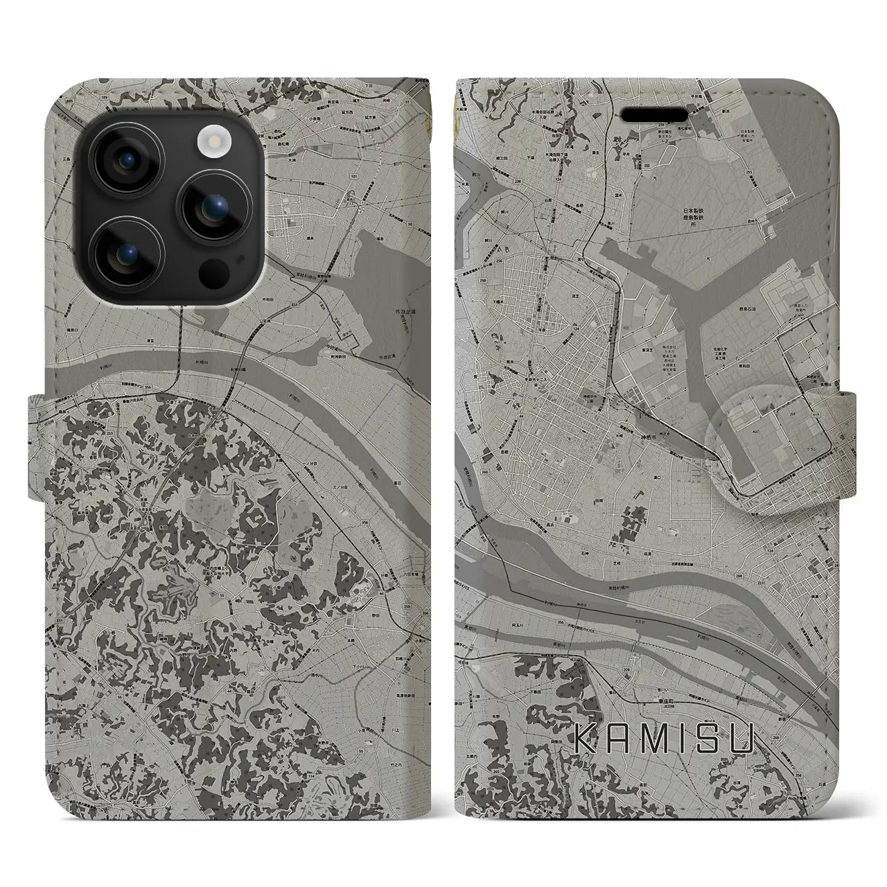 【神栖(茨城県)】地図柄iPhoneケース(手帳タイプ)モノトーン・iPhone 16 用