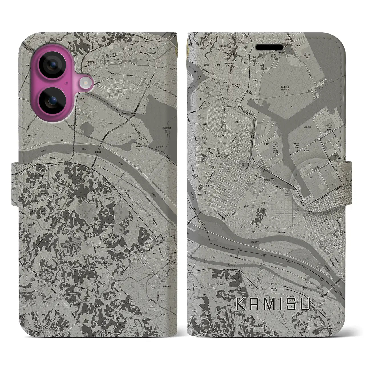 【神栖(茨城県)】地図柄iPhoneケース(手帳タイプ)モノトーン・iPhone 16 Pro 用