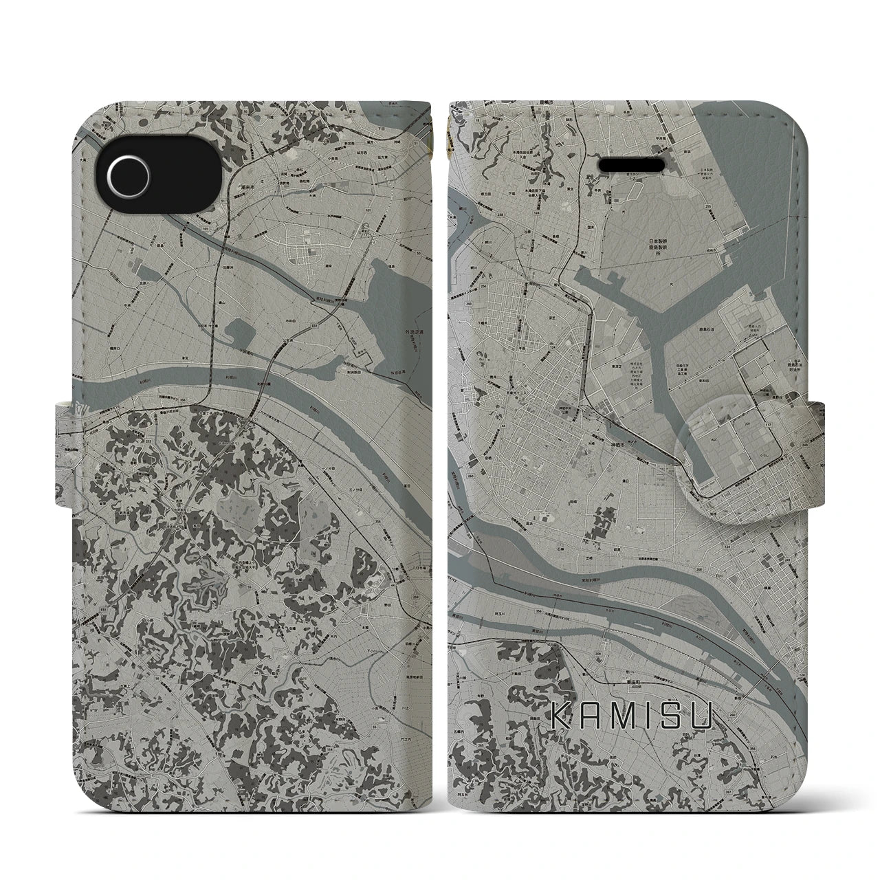 【神栖(茨城県)】地図柄iPhoneケース(手帳タイプ)モノトーン・iPhone SE(第3 / 第2世代) / 8 / 7 / 6s / 6 用