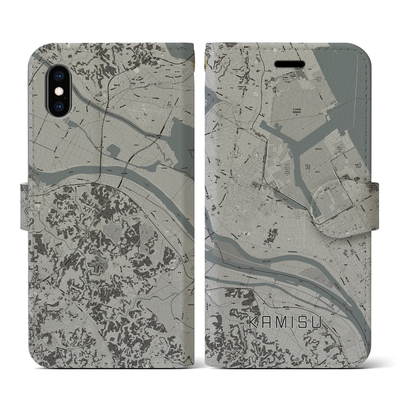 【神栖(茨城県)】地図柄iPhoneケース(手帳タイプ)モノトーン・iPhone XS / X 用