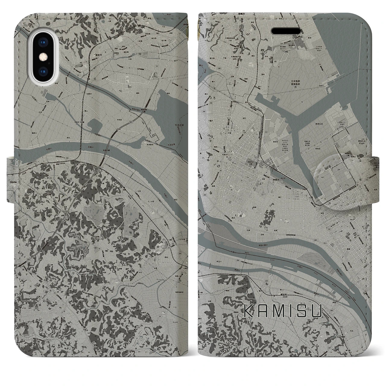 【神栖(茨城県)】地図柄iPhoneケース(手帳タイプ)モノトーン・iPhone XS Max 用