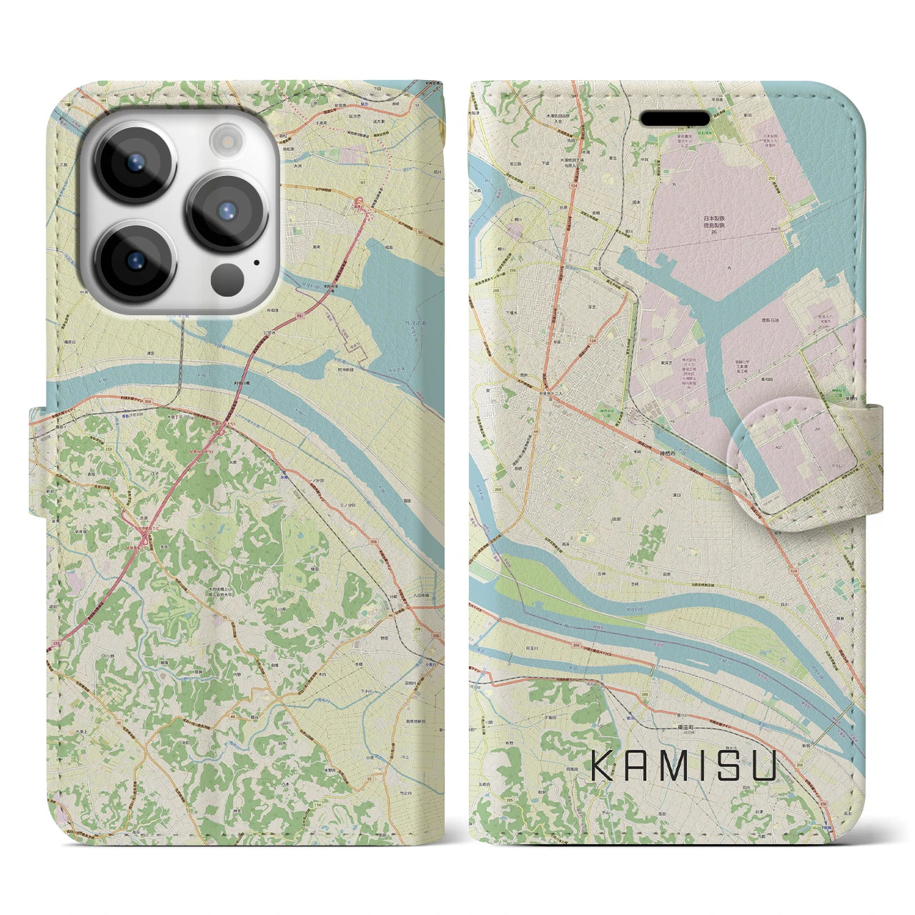 【神栖(茨城県)】地図柄iPhoneケース(手帳タイプ)ナチュラル・iPhone 14 Pro 用