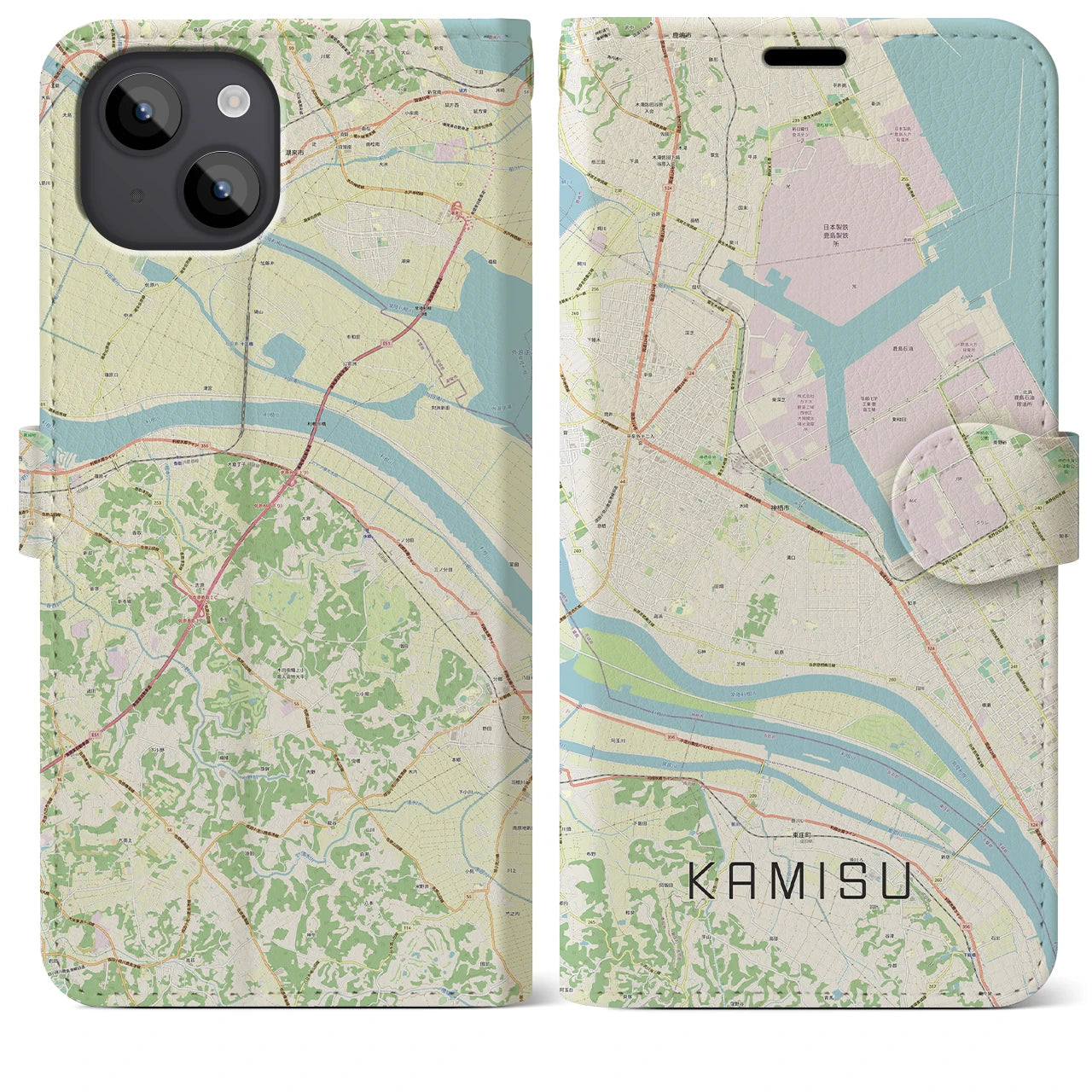 【神栖(茨城県)】地図柄iPhoneケース(手帳タイプ)ナチュラル・iPhone 14 Plus 用