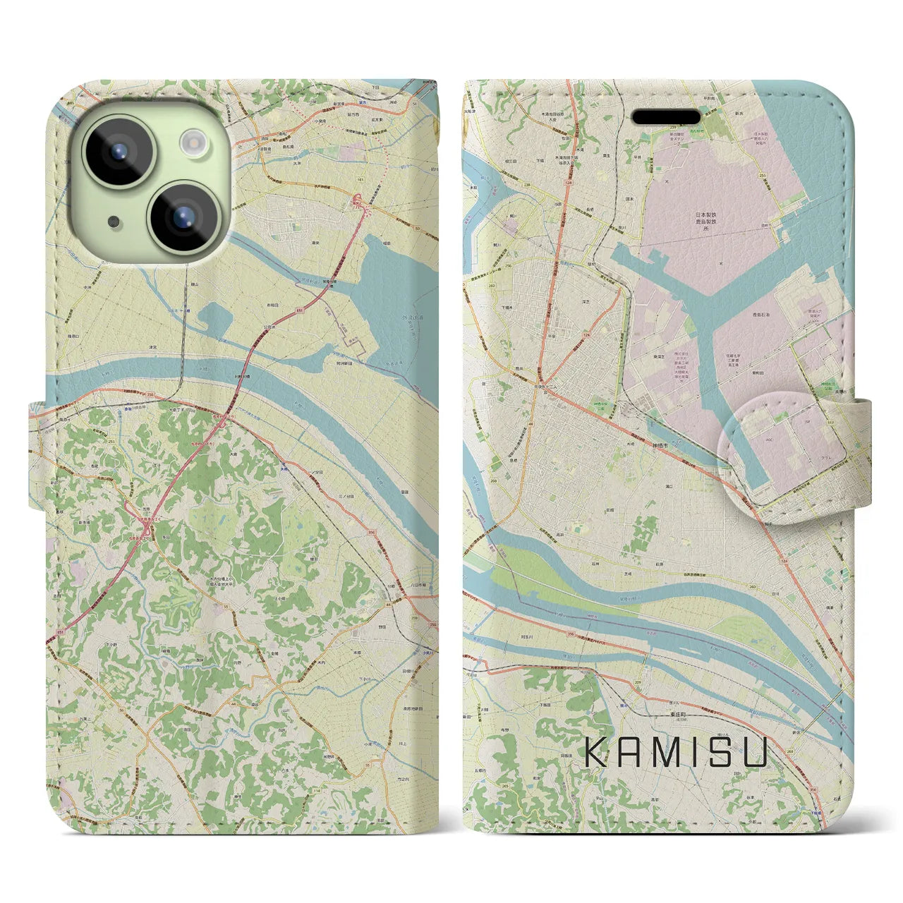 【神栖(茨城県)】地図柄iPhoneケース(手帳タイプ)ナチュラル・iPhone 15 用