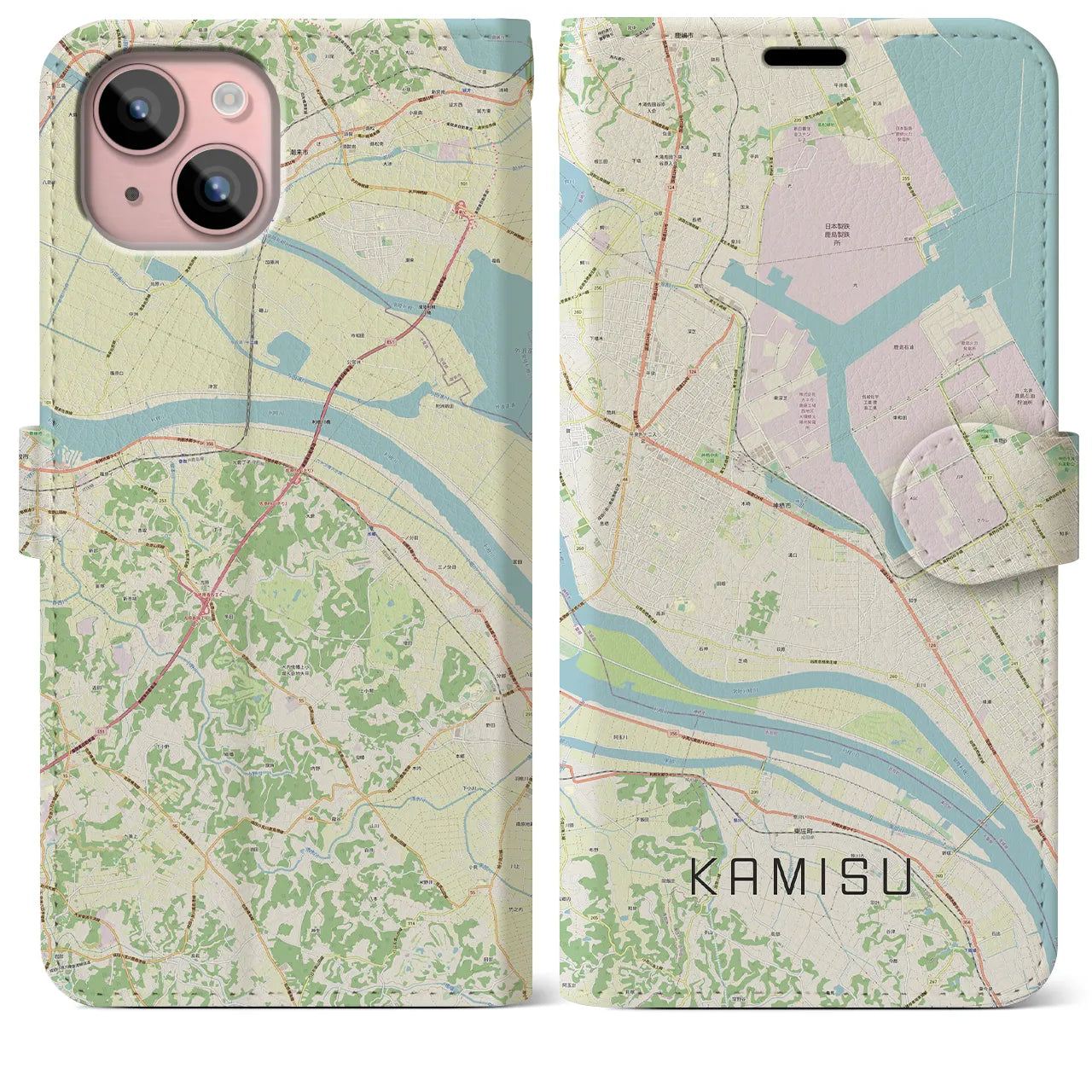 【神栖(茨城県)】地図柄iPhoneケース(手帳タイプ)ナチュラル・iPhone 15 Plus 用