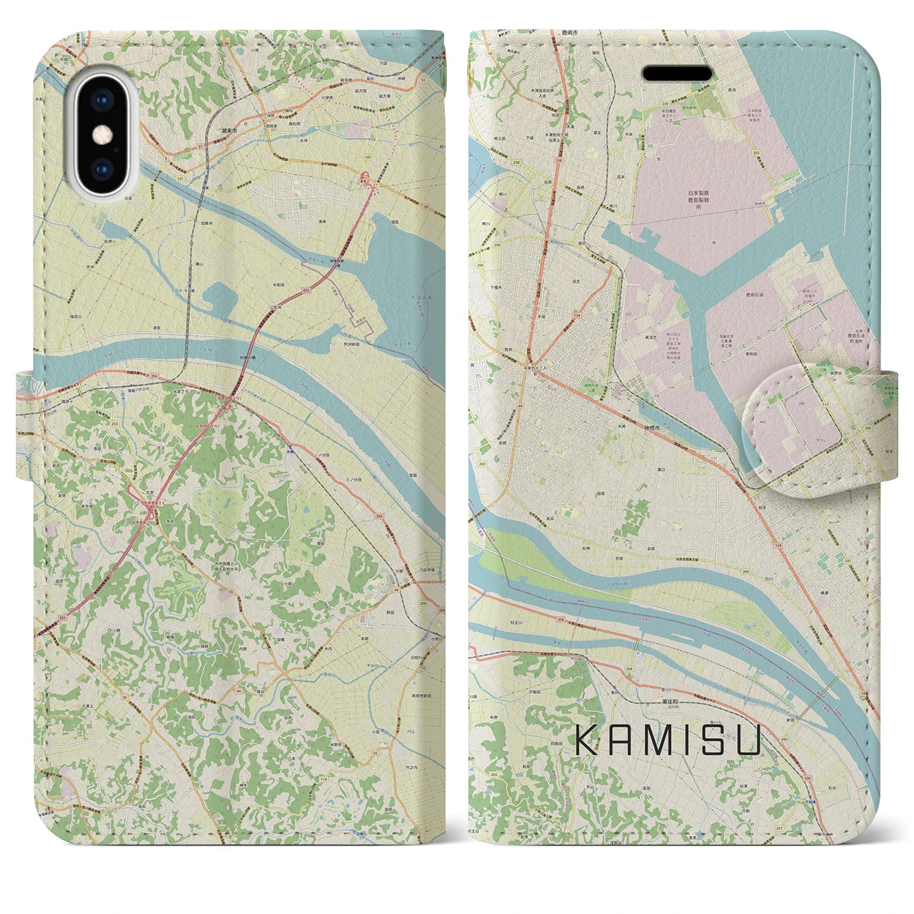 【神栖(茨城県)】地図柄iPhoneケース(手帳タイプ)ナチュラル・iPhone XS Max 用