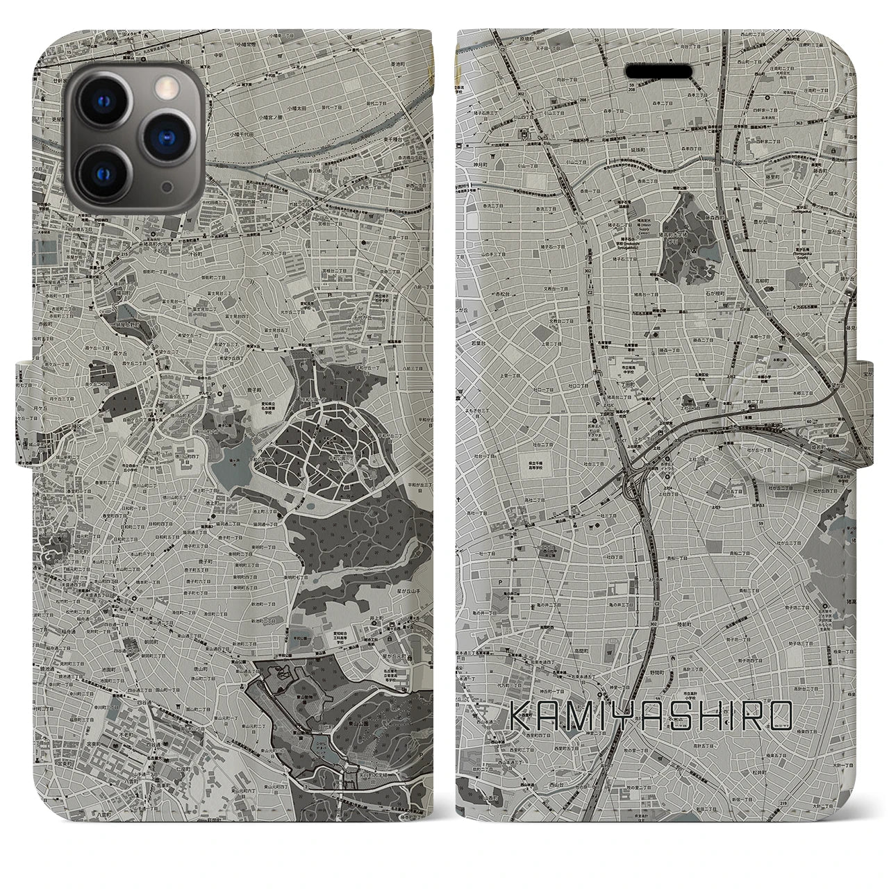 【上社(愛知県)】地図柄iPhoneケース(手帳タイプ)モノトーン・iPhone 11 Pro Max 用