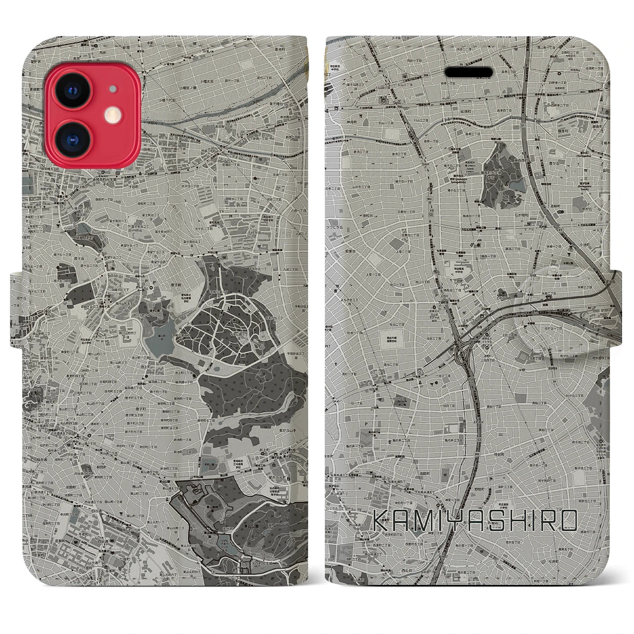 【上社(愛知県)】地図柄iPhoneケース(手帳タイプ)モノトーン・iPhone 11 用