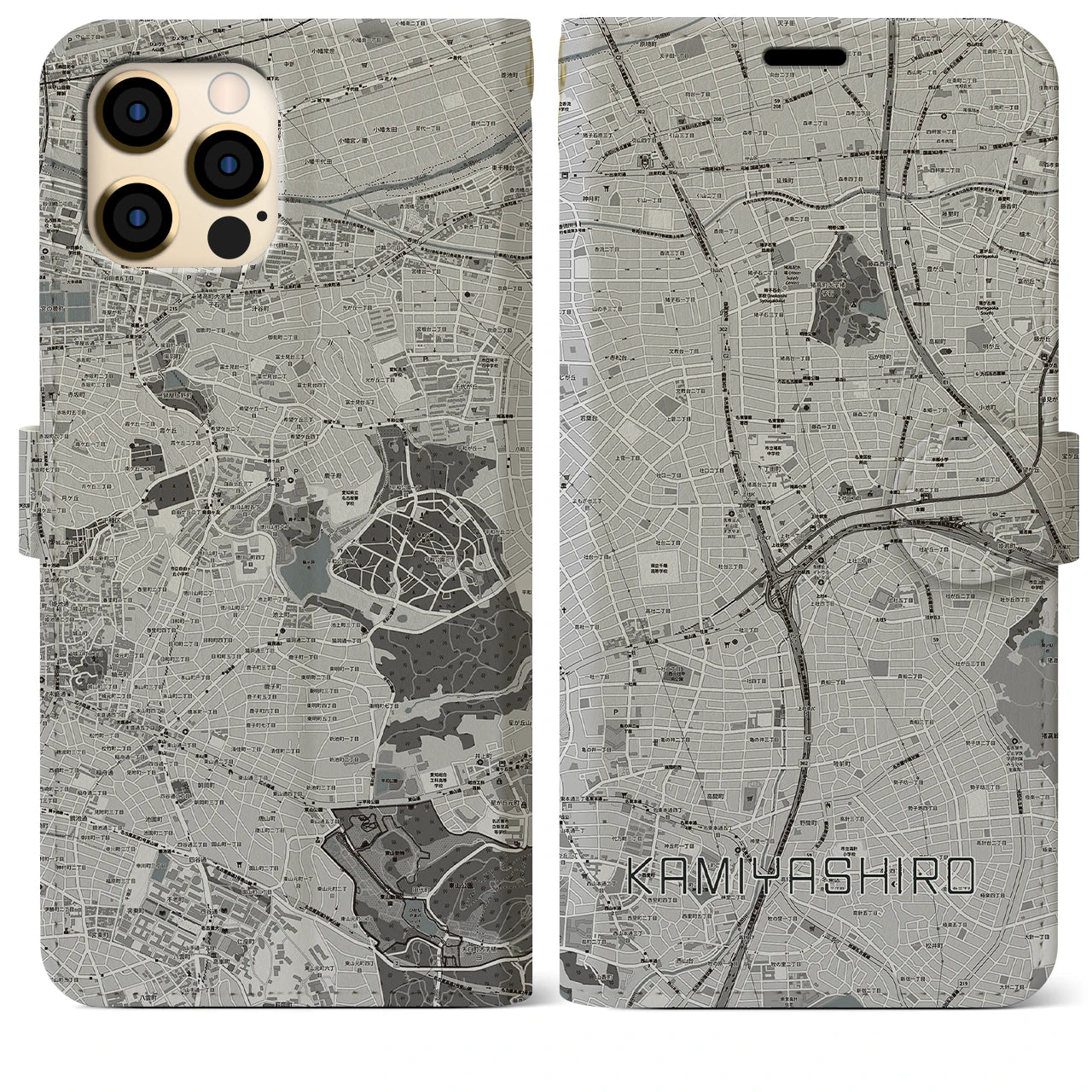 【上社(愛知県)】地図柄iPhoneケース(手帳タイプ)モノトーン・iPhone 12 Pro Max 用