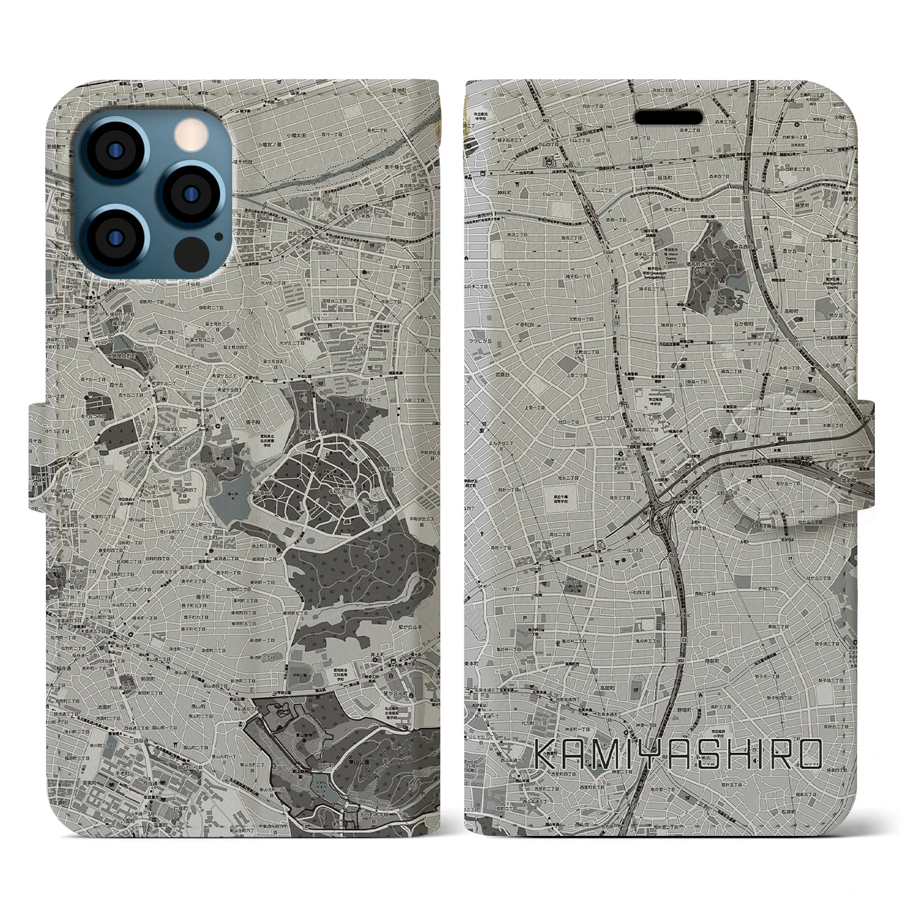 【上社(愛知県)】地図柄iPhoneケース(手帳タイプ)モノトーン・iPhone 12 / 12 Pro 用