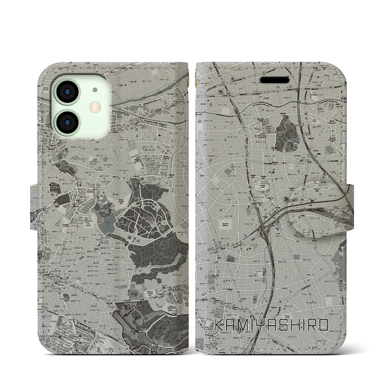 【上社(愛知県)】地図柄iPhoneケース(手帳タイプ)モノトーン・iPhone 12 mini 用