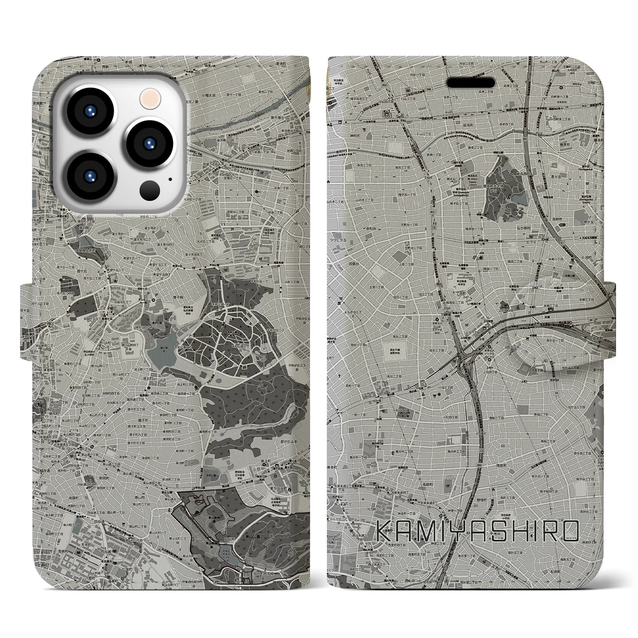 【上社(愛知県)】地図柄iPhoneケース(手帳タイプ)モノトーン・iPhone 13 Pro 用