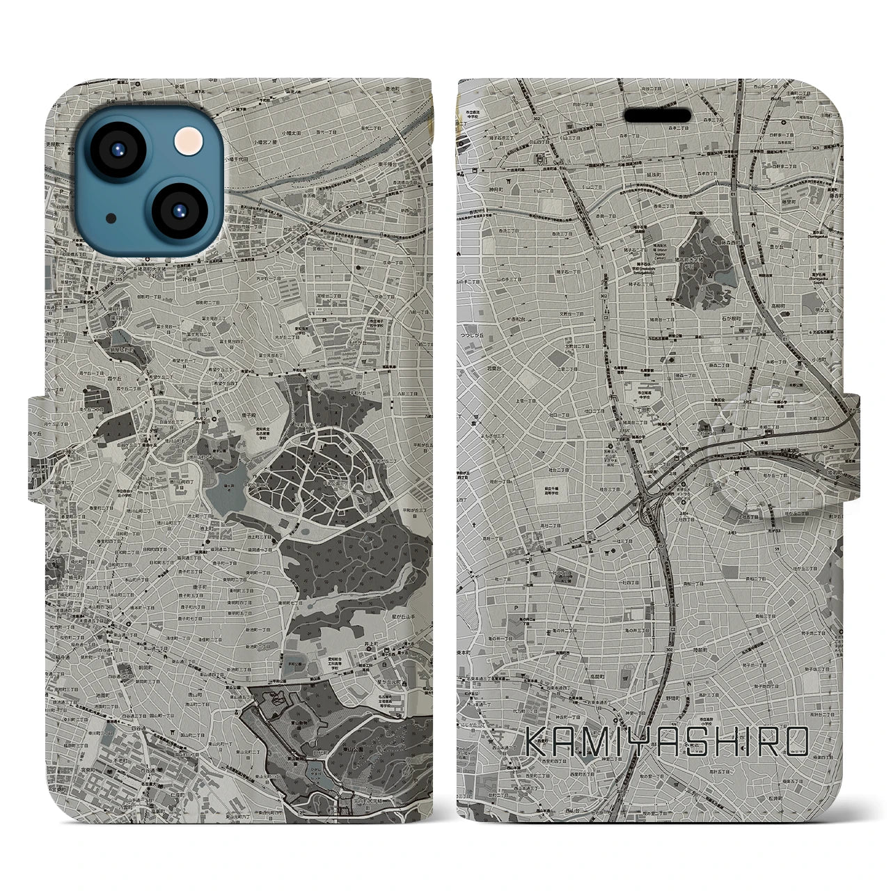 【上社(愛知県)】地図柄iPhoneケース(手帳タイプ)モノトーン・iPhone 13 用