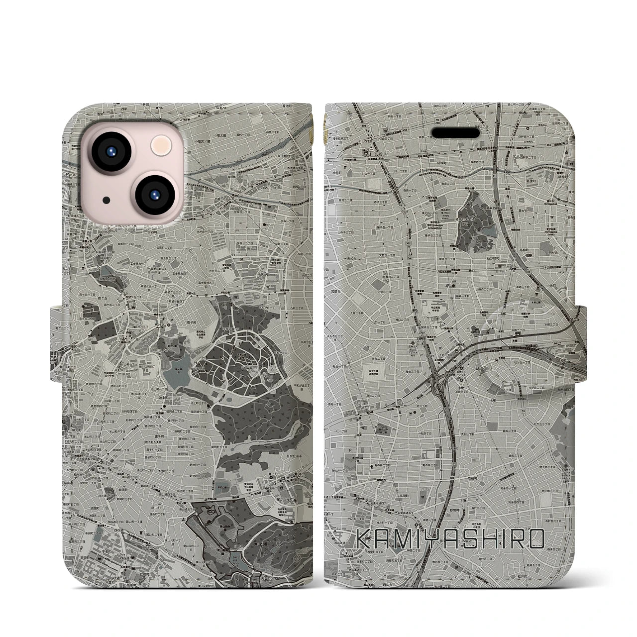 【上社(愛知県)】地図柄iPhoneケース(手帳タイプ)モノトーン・iPhone 13 mini 用