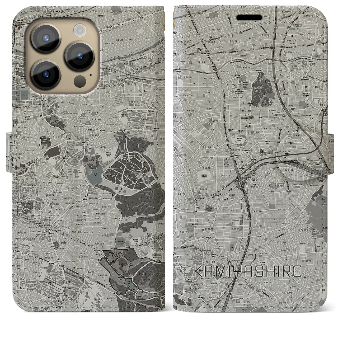 【上社(愛知県)】地図柄iPhoneケース(手帳タイプ)モノトーン・iPhone 14 Pro Max 用