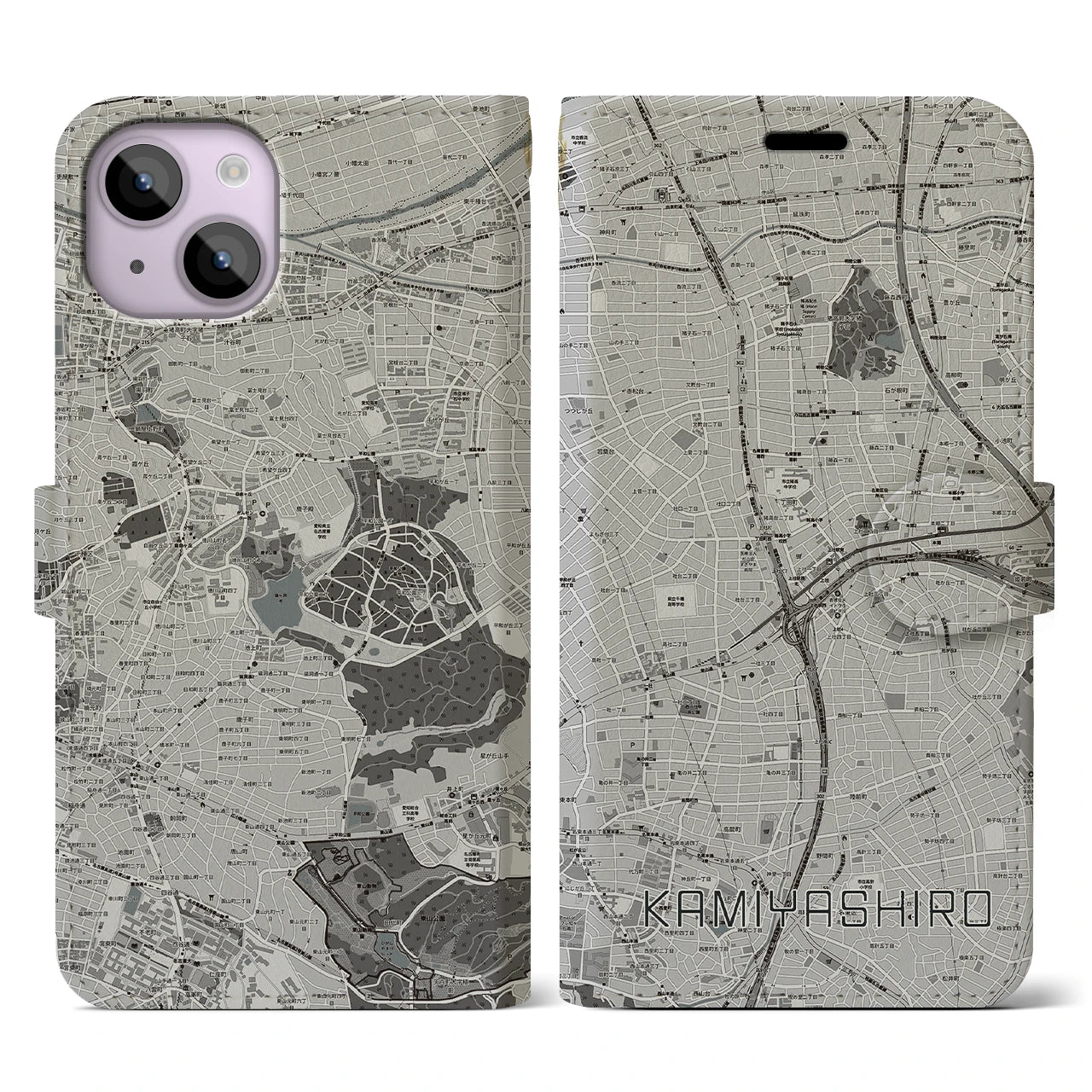【上社(愛知県)】地図柄iPhoneケース(手帳タイプ)モノトーン・iPhone 14 用