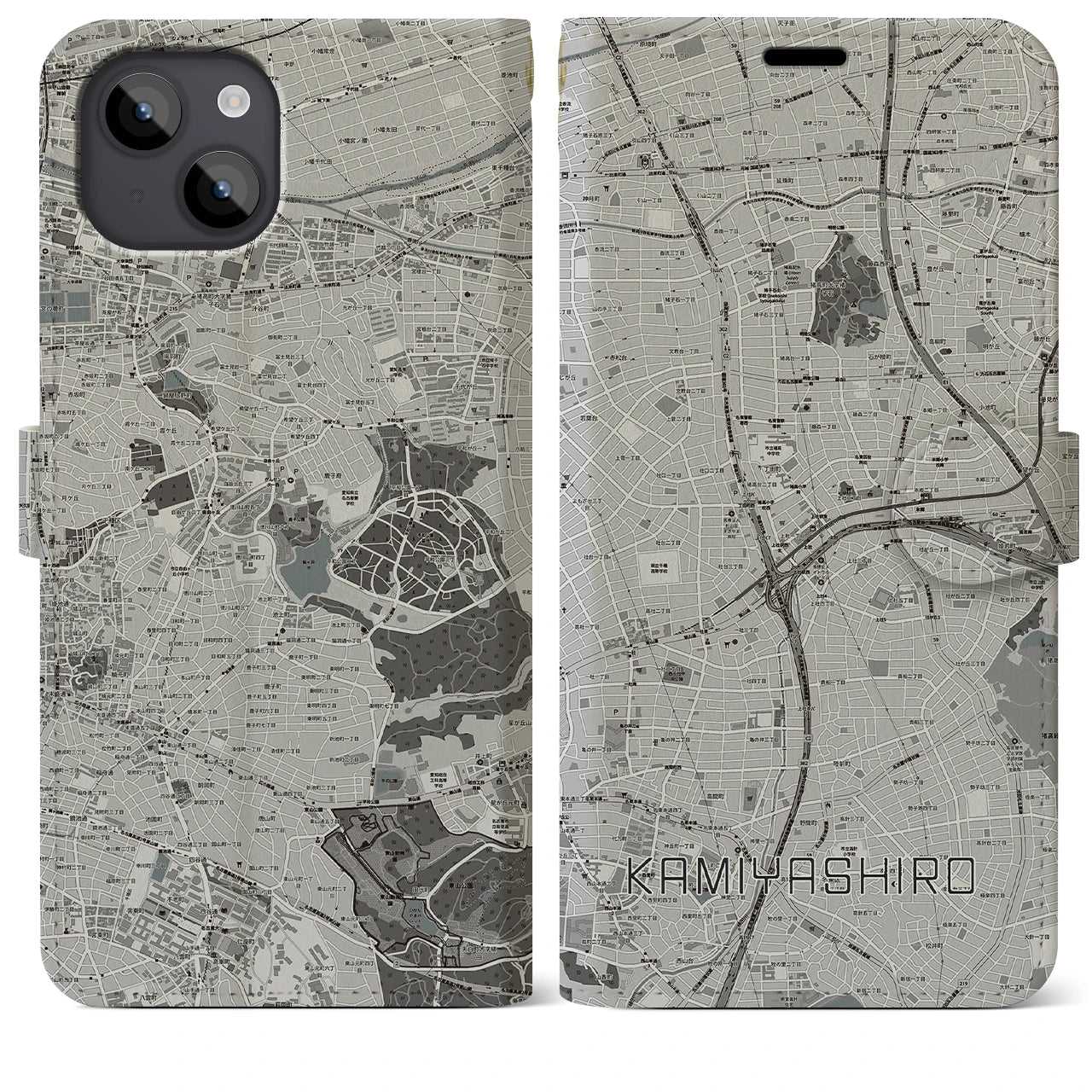 【上社(愛知県)】地図柄iPhoneケース(手帳タイプ)モノトーン・iPhone 14 Plus 用