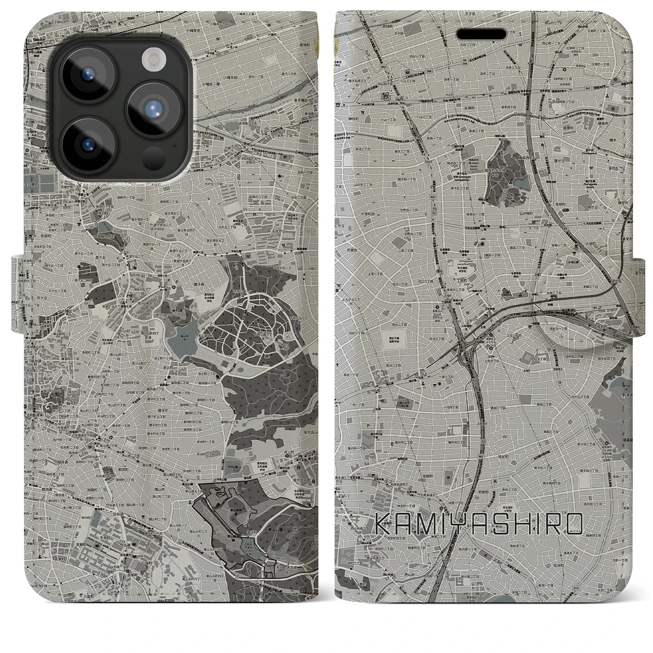 【上社(愛知県)】地図柄iPhoneケース(手帳タイプ)モノトーン・iPhone 15 Pro Max 用