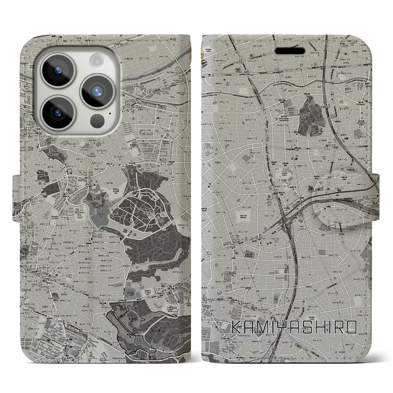 【上社(愛知県)】地図柄iPhoneケース(手帳タイプ)モノトーン・iPhone 15 Pro 用