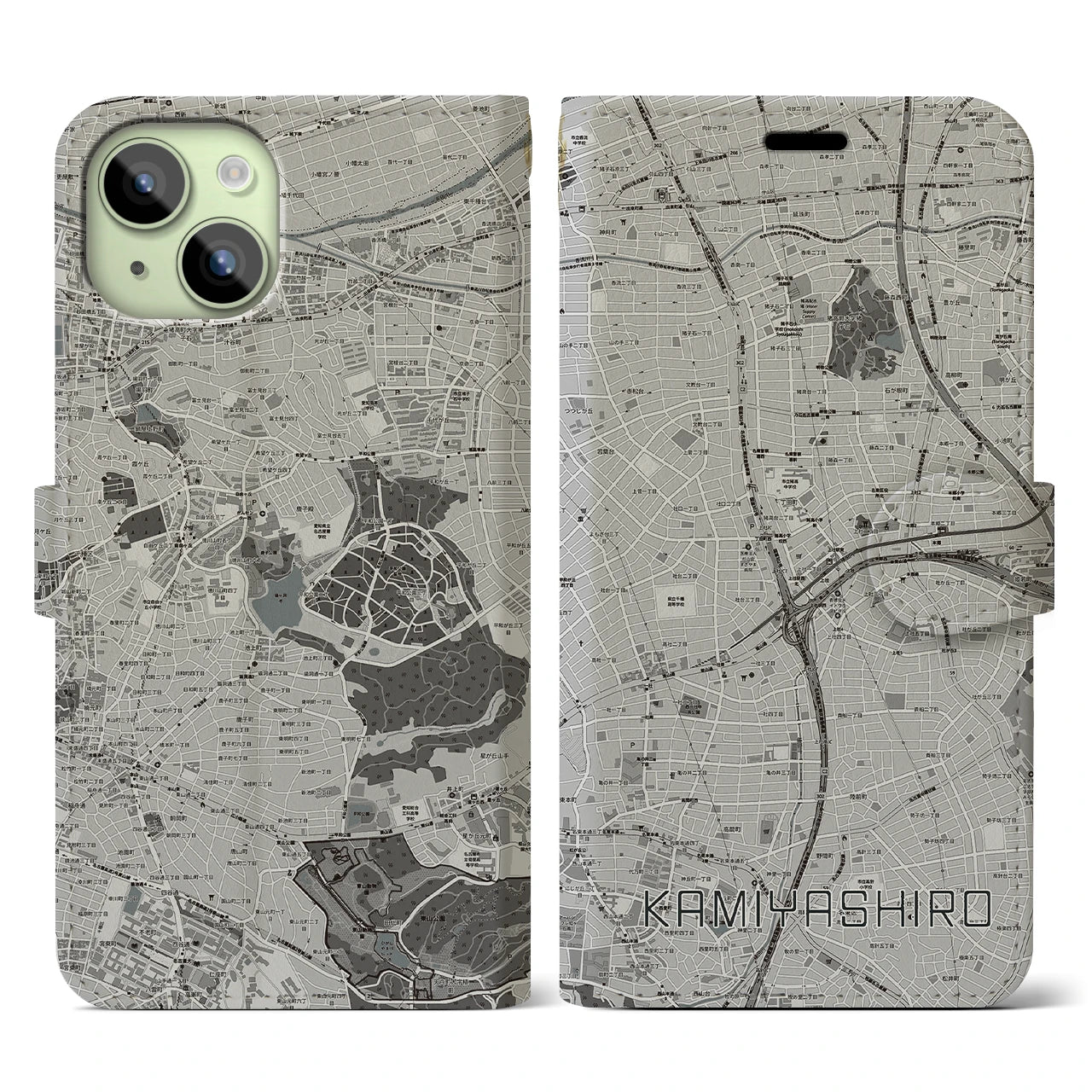 【上社(愛知県)】地図柄iPhoneケース(手帳タイプ)モノトーン・iPhone 15 用