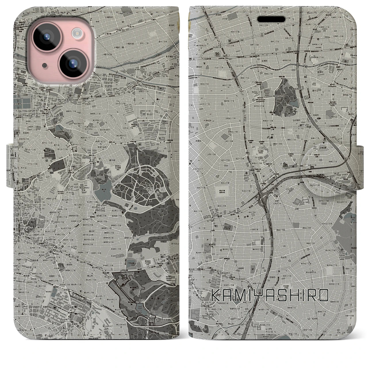 【上社(愛知県)】地図柄iPhoneケース(手帳タイプ)モノトーン・iPhone 15 Plus 用