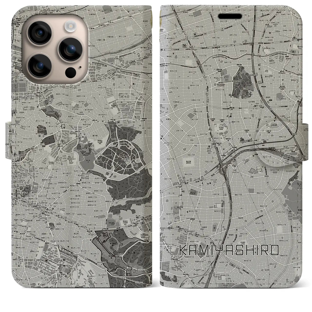 【上社(愛知県)】地図柄iPhoneケース(手帳タイプ)モノトーン・iPhone 16 Plus 用
