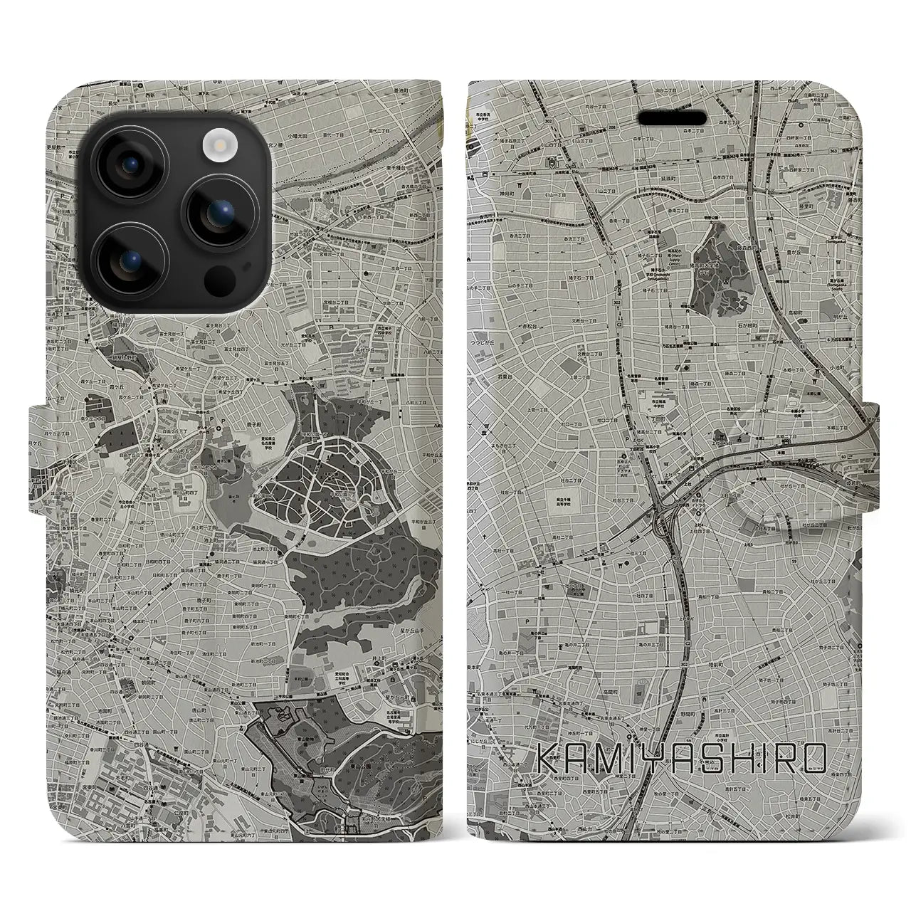 【上社(愛知県)】地図柄iPhoneケース(手帳タイプ)モノトーン・iPhone 16 用
