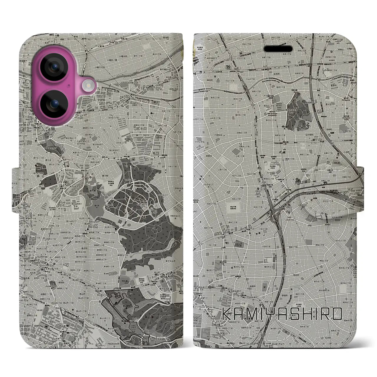 【上社(愛知県)】地図柄iPhoneケース(手帳タイプ)モノトーン・iPhone 16 Pro 用