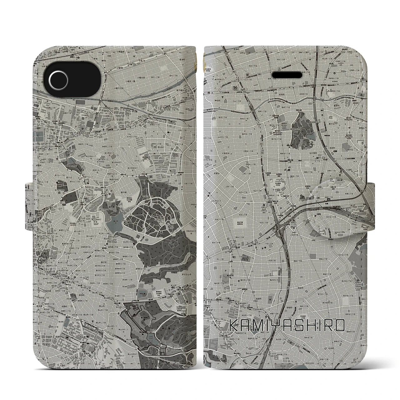 【上社(愛知県)】地図柄iPhoneケース(手帳タイプ)モノトーン・iPhone SE(第3 / 第2世代) / 8 / 7 / 6s / 6 用