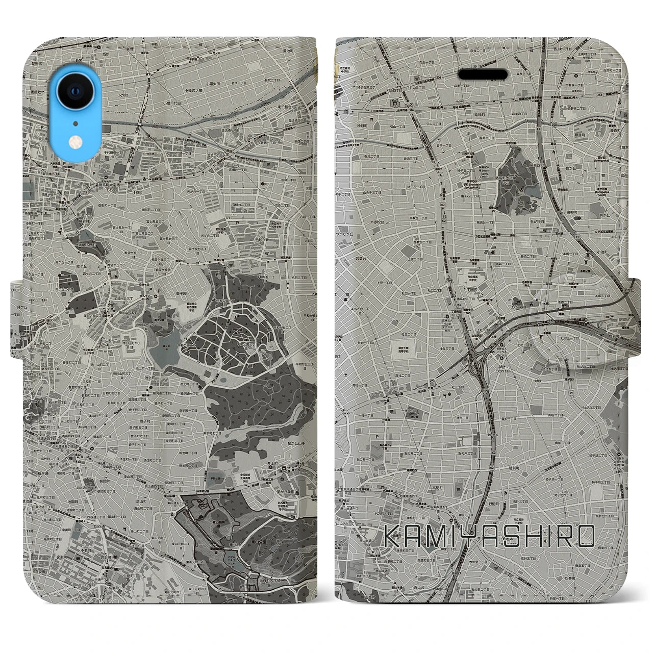 【上社(愛知県)】地図柄iPhoneケース(手帳タイプ)モノトーン・iPhone XR 用
