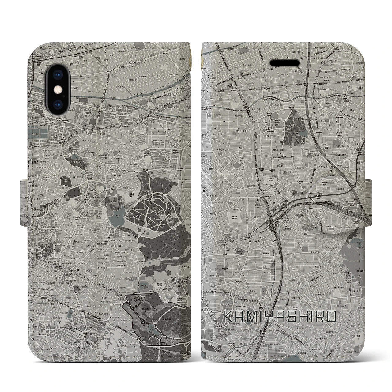 【上社(愛知県)】地図柄iPhoneケース(手帳タイプ)モノトーン・iPhone XS / X 用