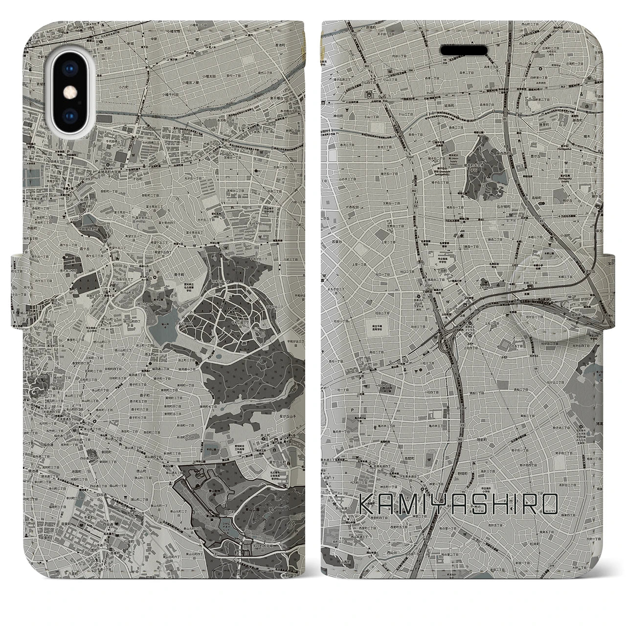 【上社(愛知県)】地図柄iPhoneケース(手帳タイプ)モノトーン・iPhone XS Max 用