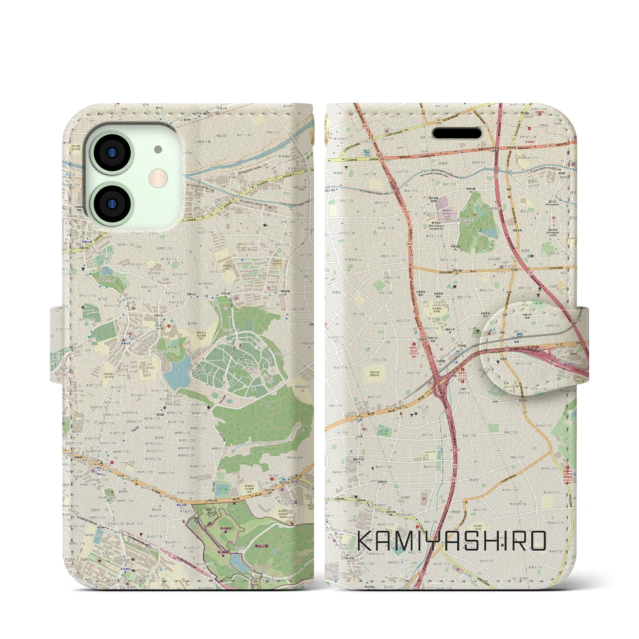 【上社(愛知県)】地図柄iPhoneケース(手帳タイプ)ナチュラル・iPhone 12 mini 用
