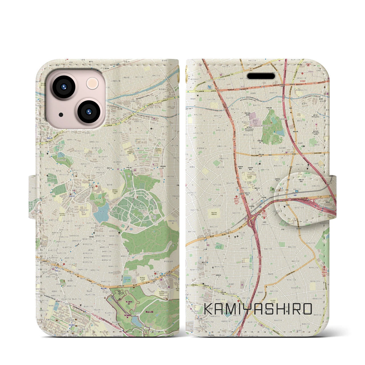 【上社(愛知県)】地図柄iPhoneケース(手帳タイプ)ナチュラル・iPhone 13 mini 用