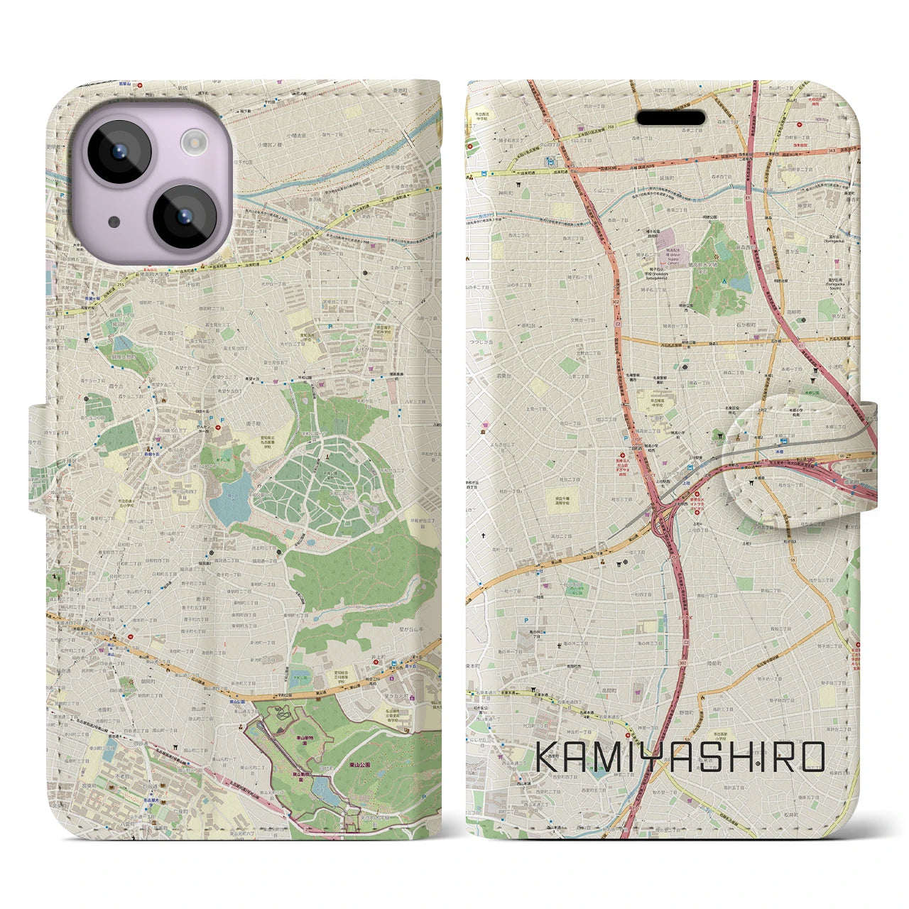 【上社(愛知県)】地図柄iPhoneケース(手帳タイプ)ナチュラル・iPhone 14 用