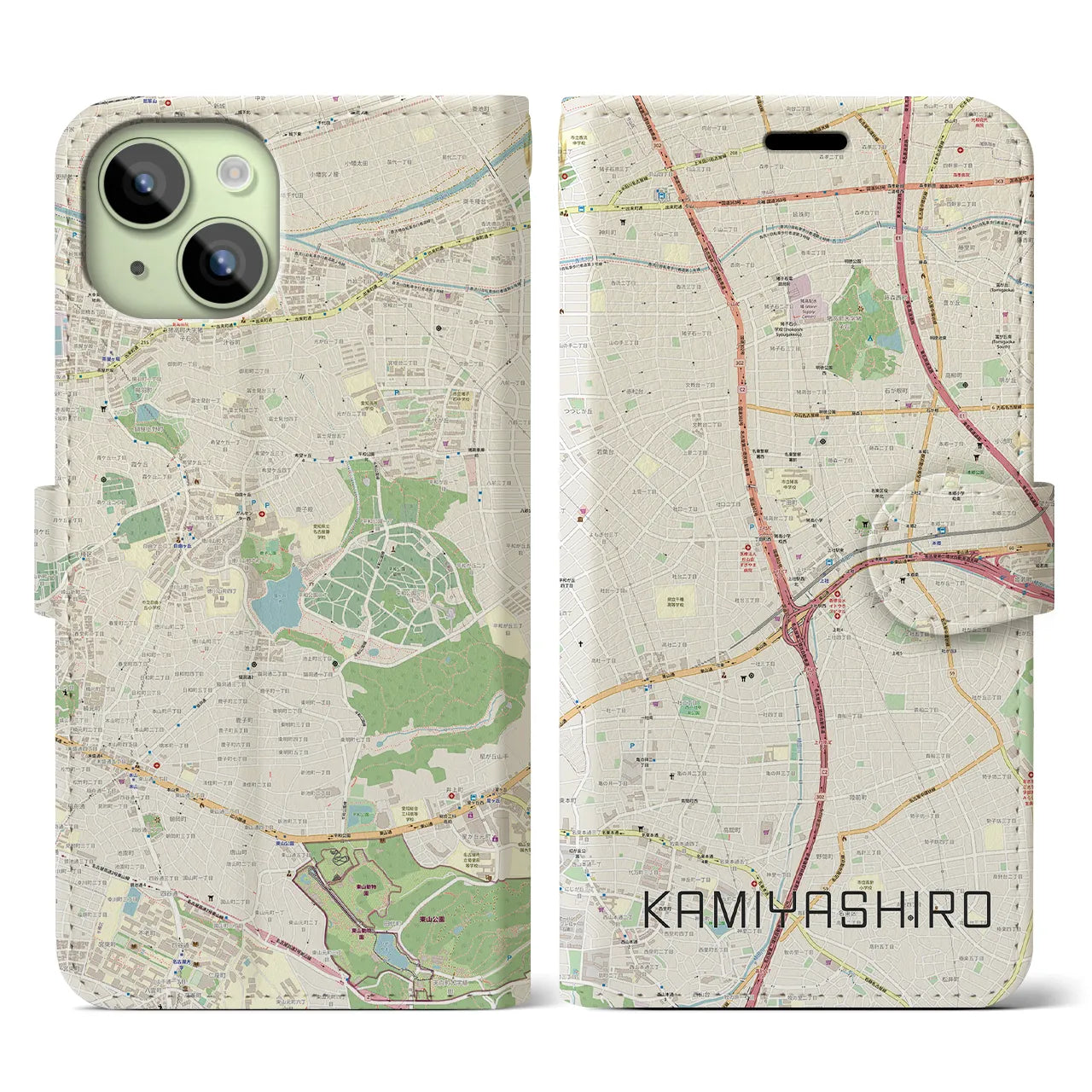 【上社(愛知県)】地図柄iPhoneケース(手帳タイプ)ナチュラル・iPhone 15 用