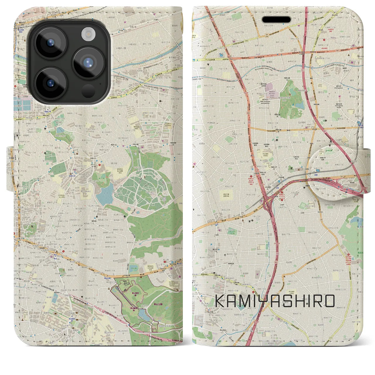 【上社(愛知県)】地図柄iPhoneケース(手帳タイプ)ナチュラル・iPhone 15 Pro Max 用